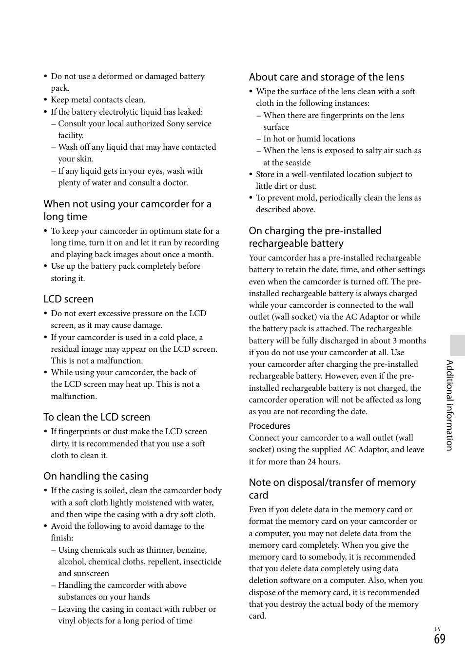 About care and storage of the lens, On charging the pre-installed rechargeable battery, When not using your camcorder for a long time | Lcd screen, On handling the casing | Sony NEX-VG20 User Manual | Page 69 / 155