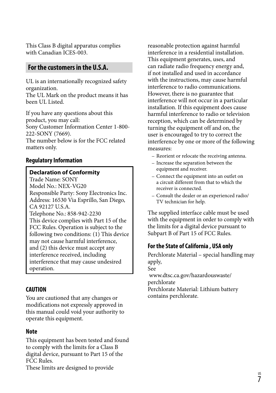 For the customers in the u.s.a | Sony NEX-VG20 User Manual | Page 7 / 155