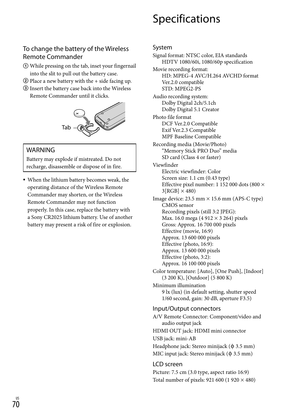 Specifications, Warning | Sony NEX-VG20 User Manual | Page 70 / 155