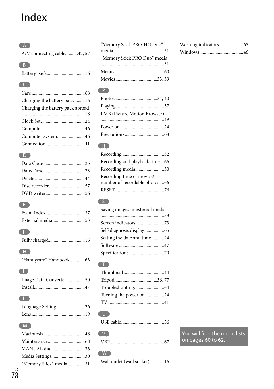 Index | Sony NEX-VG20 User Manual | Page 78 / 155