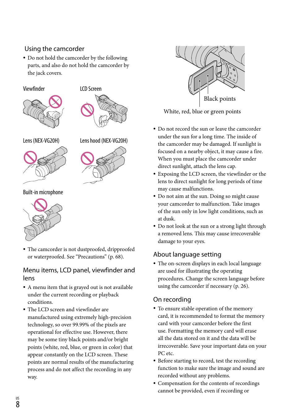 Using the camcorder, Menu items, lcd panel, viewfinder and lens, About language setting | On recording | Sony NEX-VG20 User Manual | Page 8 / 155