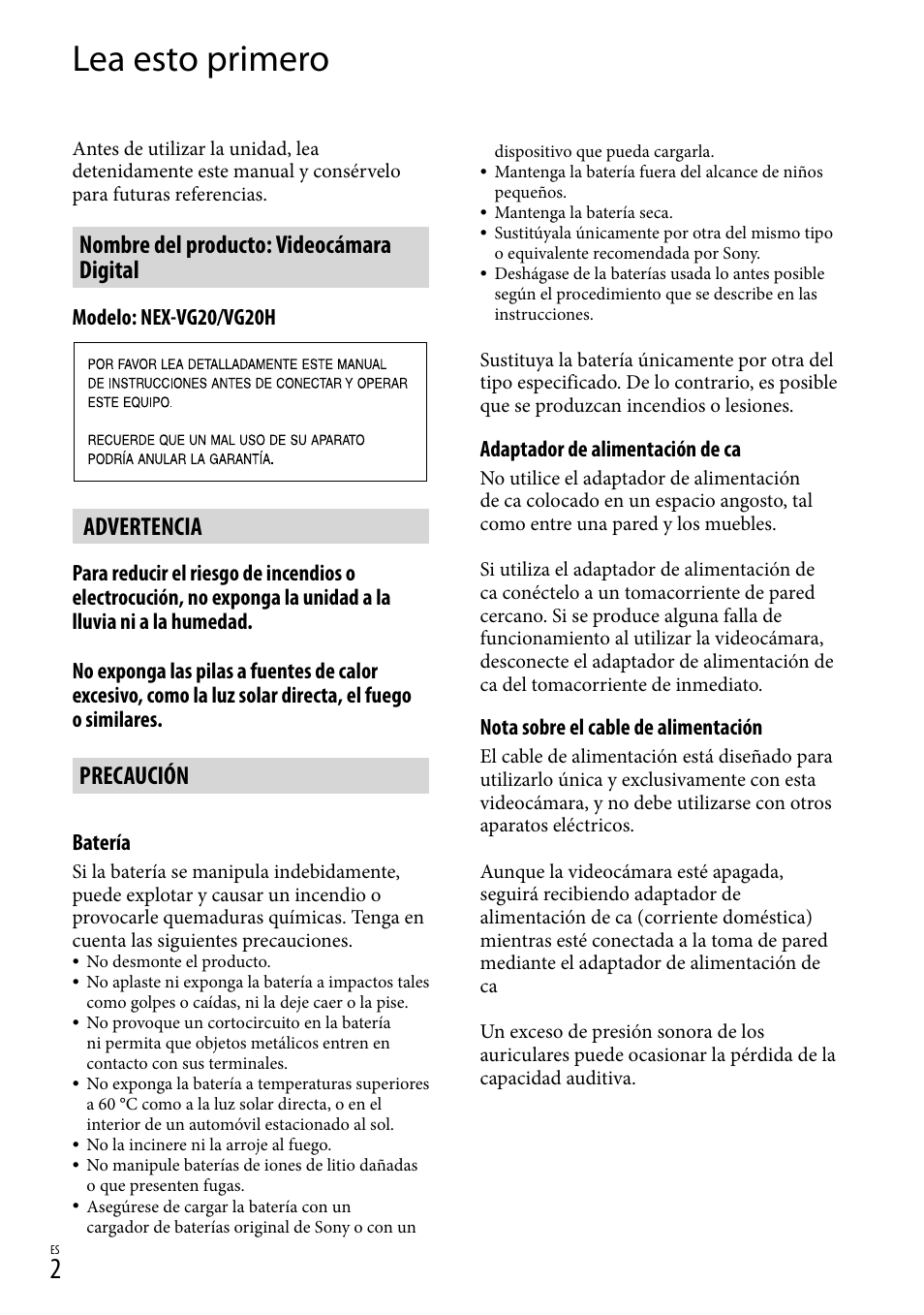 Laes, Lea esto primero, Nombre del producto: videocámara digital | Advertencia, Precaución | Sony NEX-VG20 User Manual | Page 80 / 155