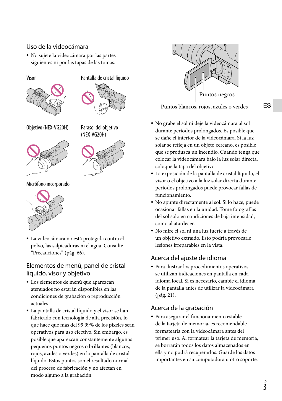 Uso de la videocámara, Acerca del ajuste de idioma, Acerca de la grabación | Sony NEX-VG20 User Manual | Page 81 / 155