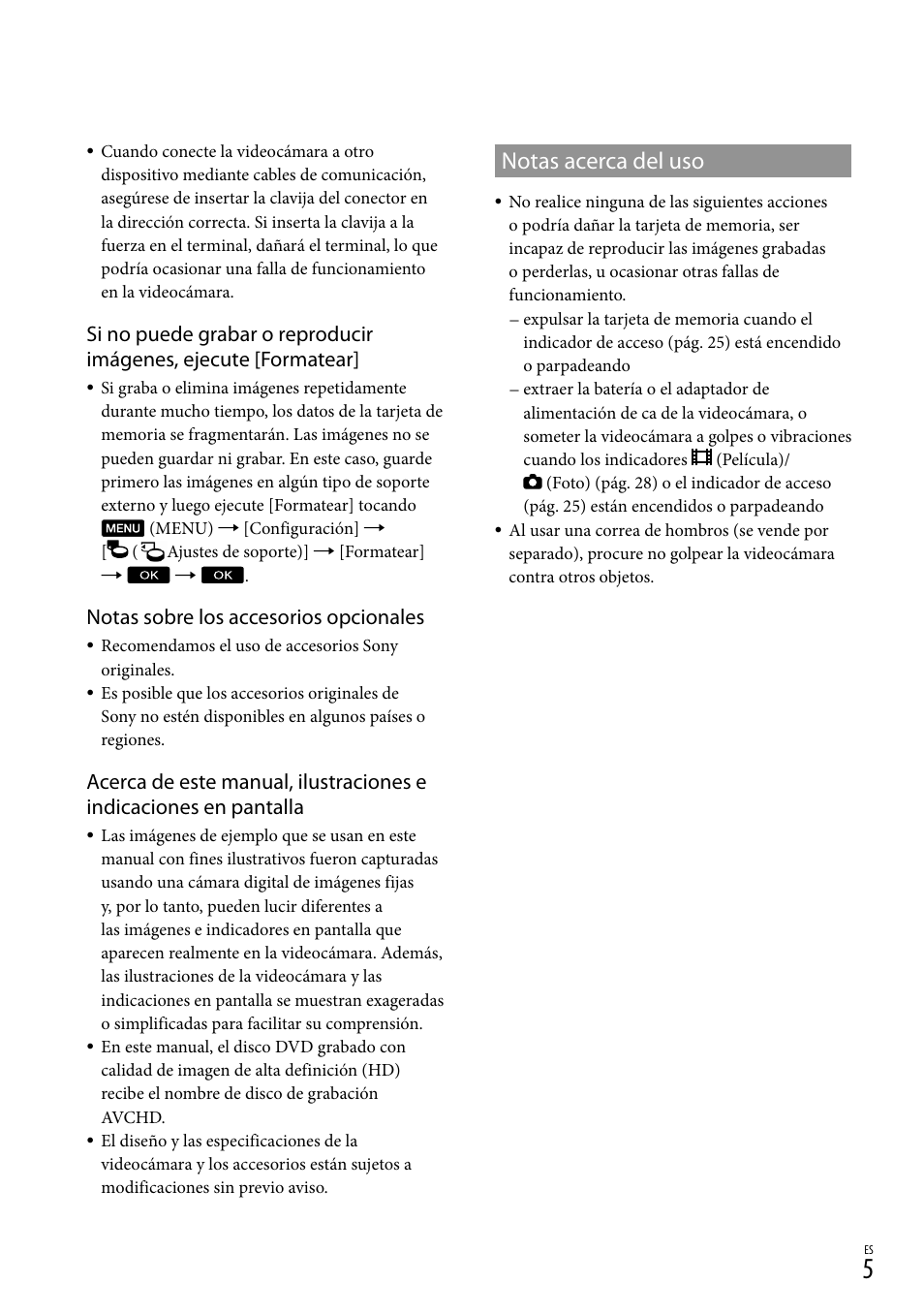 Notas acerca del uso, Notas sobre los accesorios opcionales | Sony NEX-VG20 User Manual | Page 83 / 155