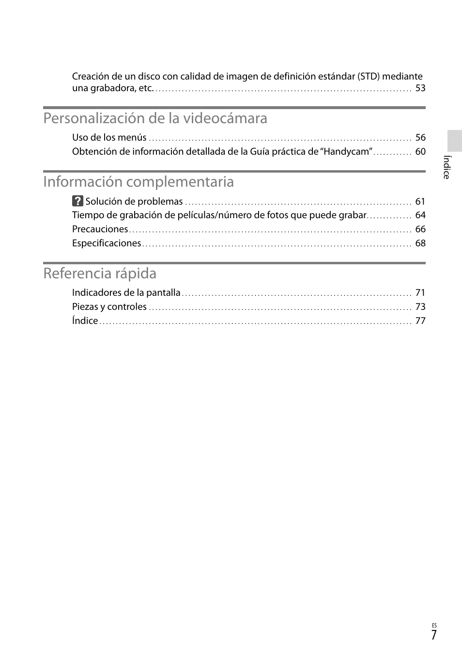 Personalización de la videocámara, Información complementaria, Referencia rápida | Sony NEX-VG20 User Manual | Page 85 / 155