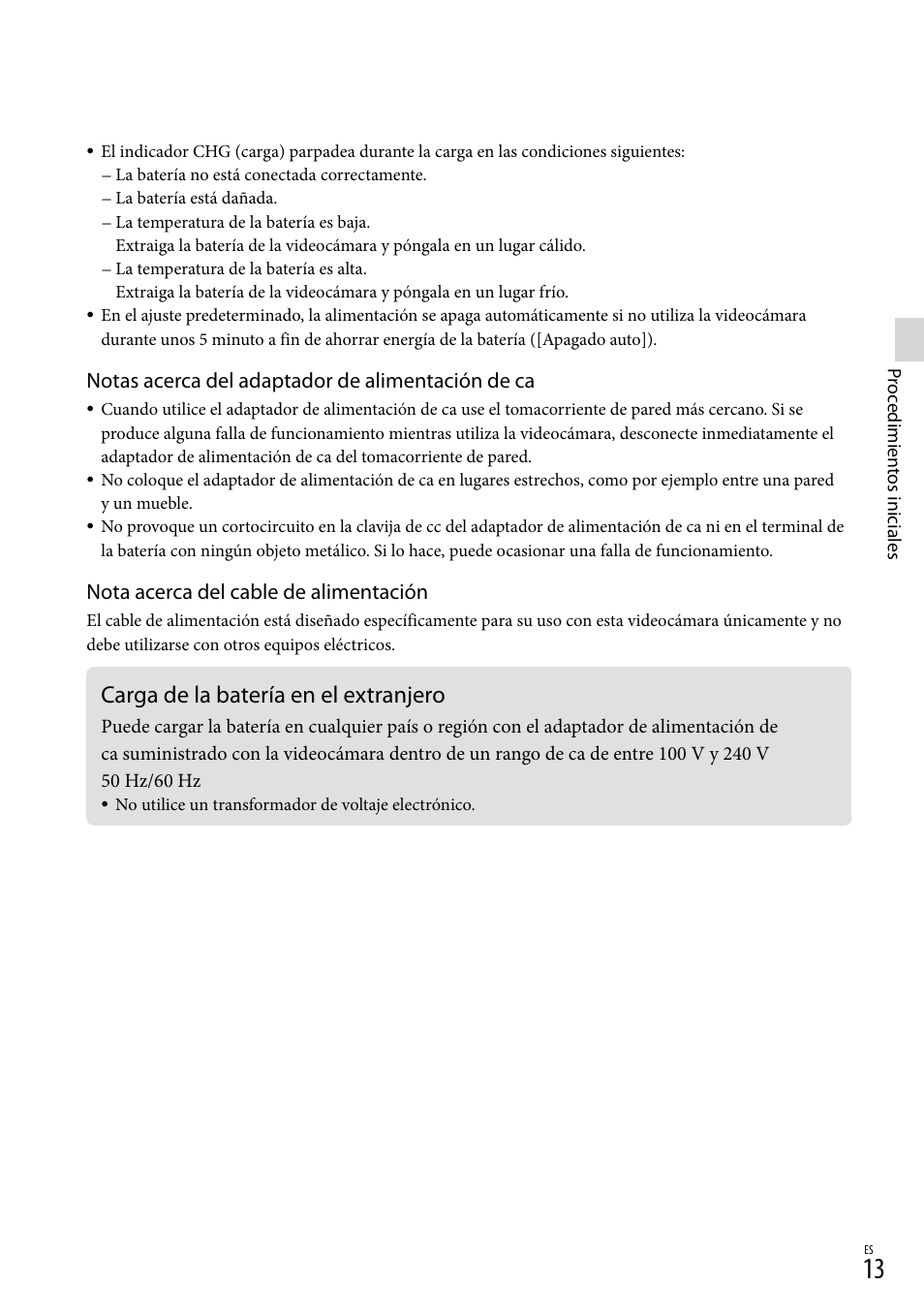 Carga de la batería en el extranjero, Notas acerca del adaptador de alimentación de ca, Nota acerca del cable de alimentación | Sony NEX-VG20 User Manual | Page 91 / 155