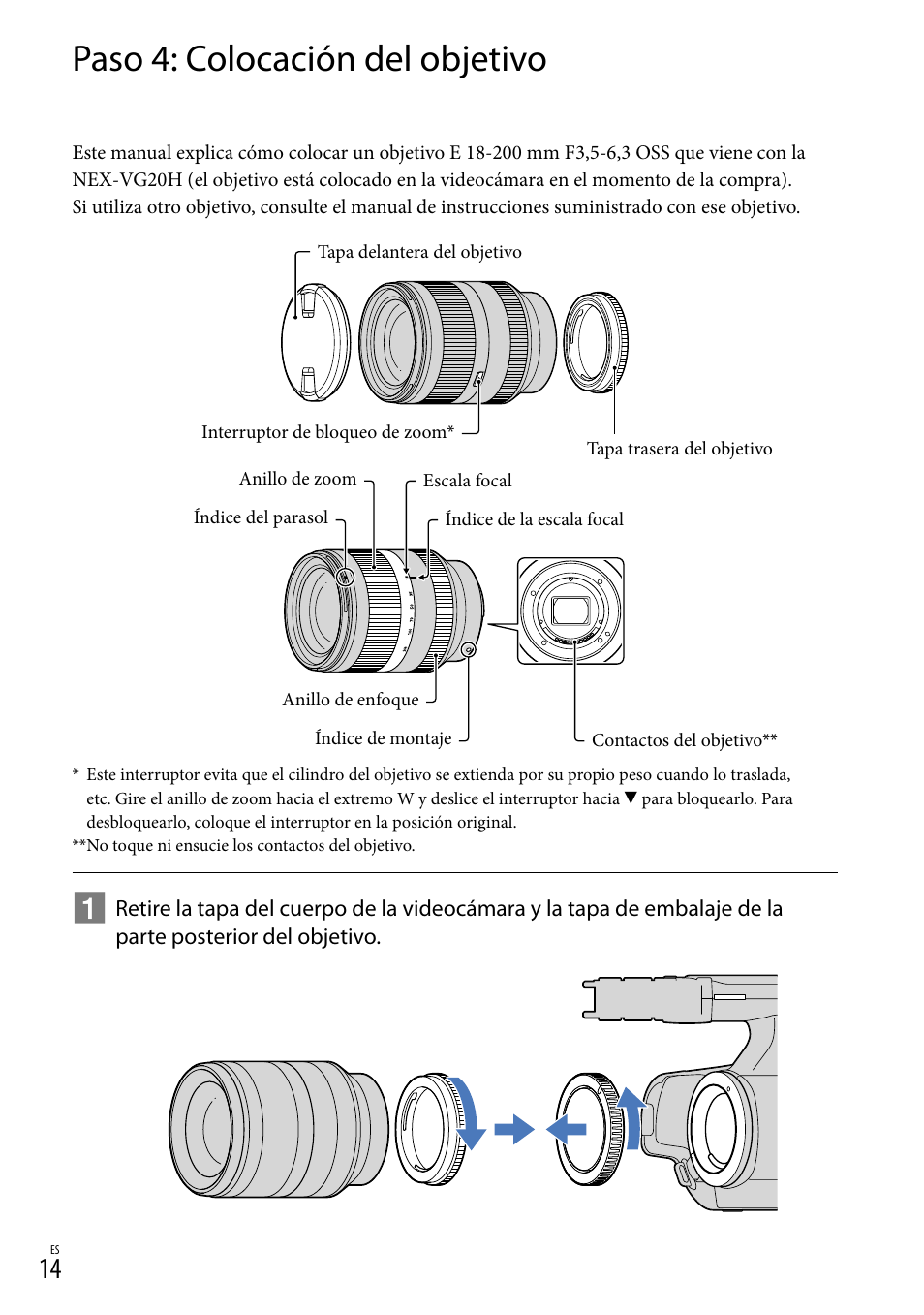 Paso 4: colocación del objetivo | Sony NEX-VG20 User Manual | Page 92 / 155