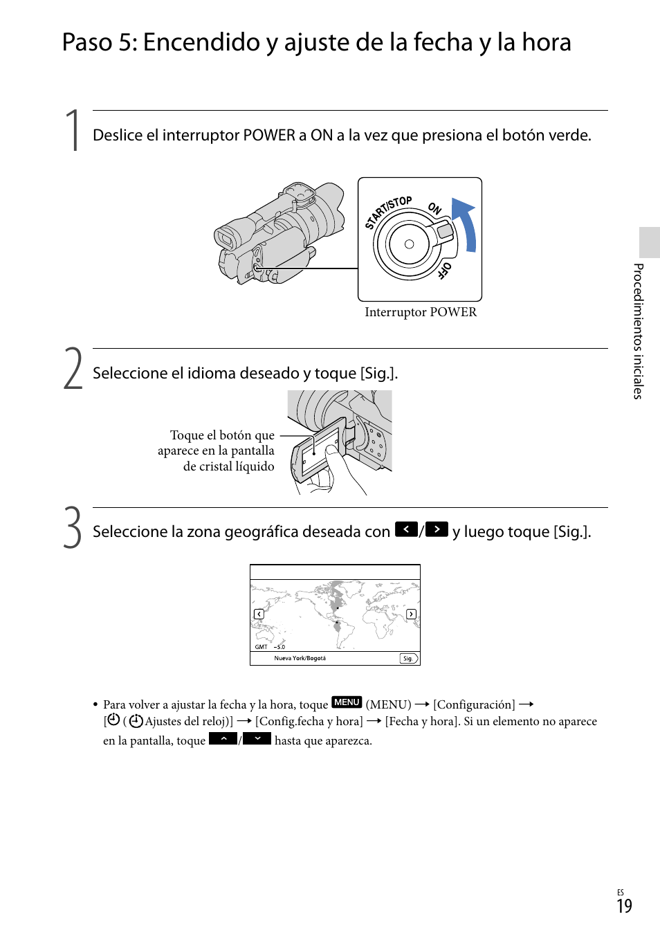 Paso 5: encendido y ajuste de la fecha y la hora | Sony NEX-VG20 User Manual | Page 97 / 155