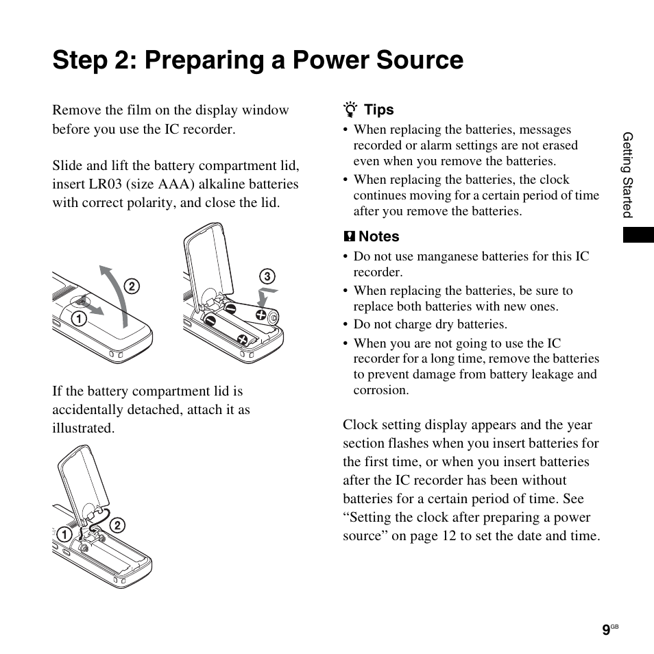 Step 2: preparing a power source | Sony ICD-PX820D User Manual | Page 9 / 96