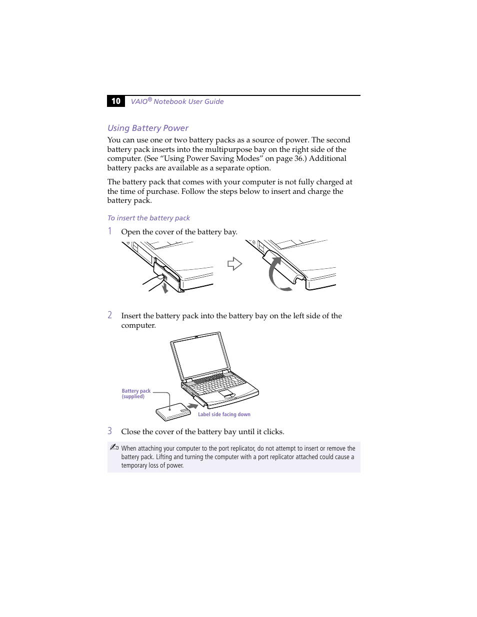 To insert the battery pack | Sony PCG-F420 User Manual | Page 20 / 94