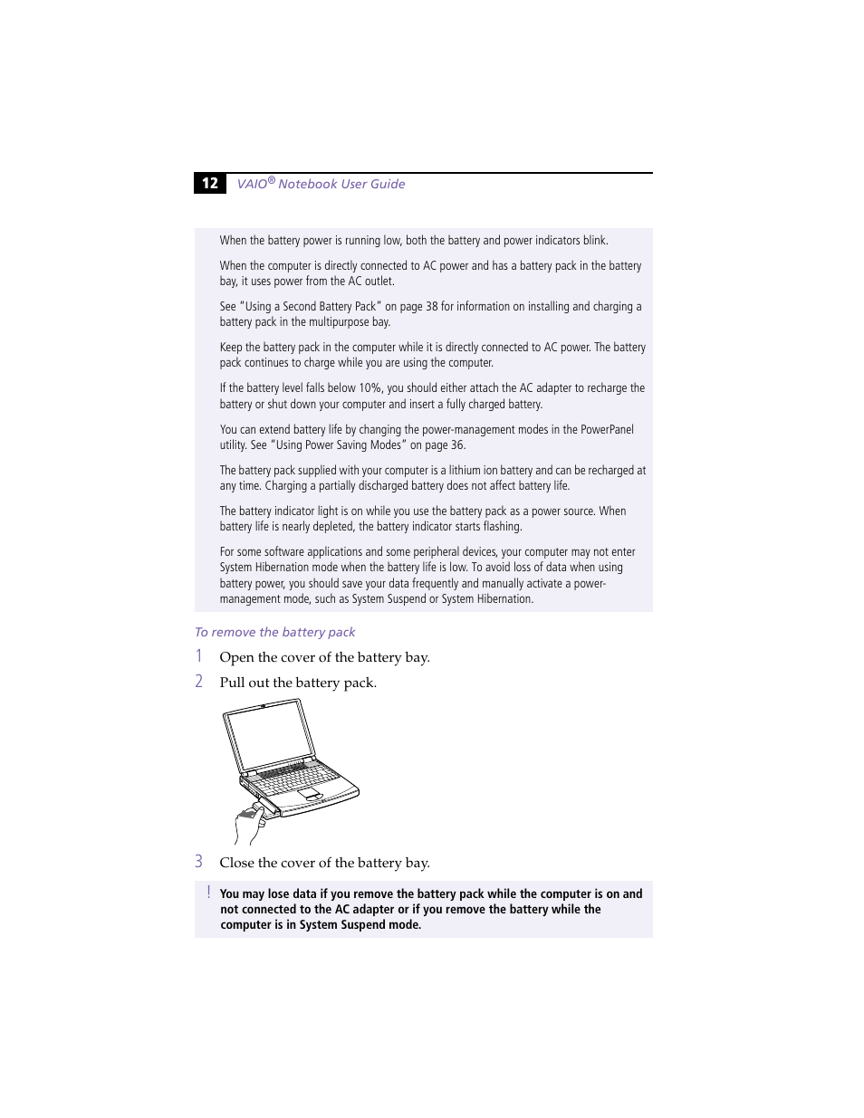 To remove the battery pack | Sony PCG-F420 User Manual | Page 22 / 94