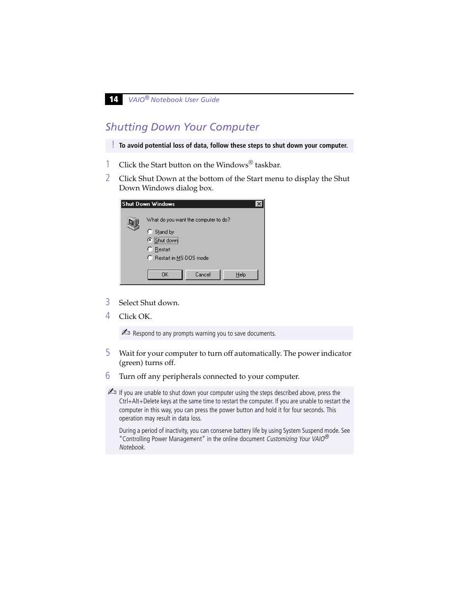 Shutting down your computer | Sony PCG-F420 User Manual | Page 24 / 94