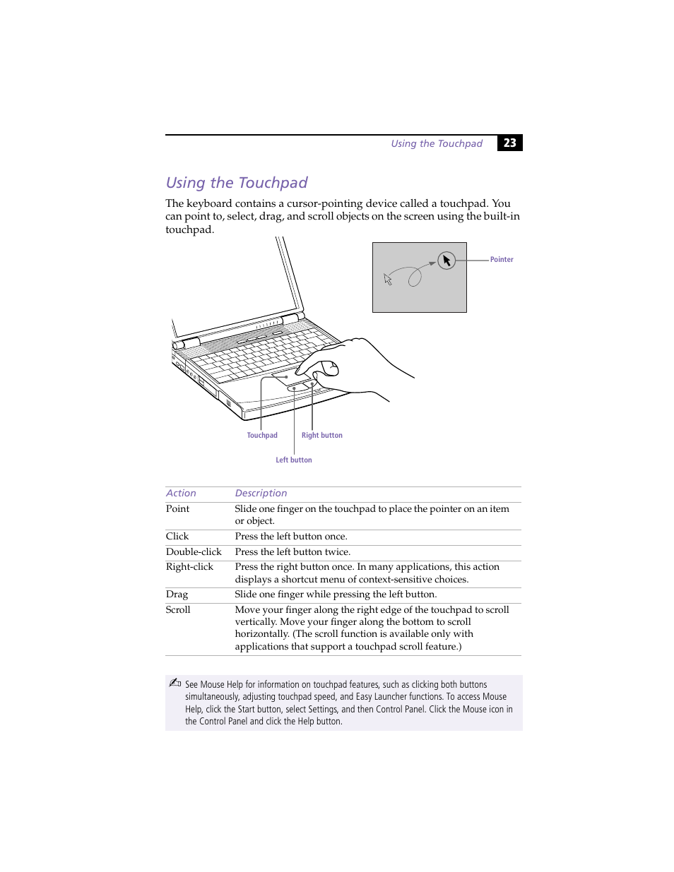 Using the touchpad | Sony PCG-F420 User Manual | Page 33 / 94