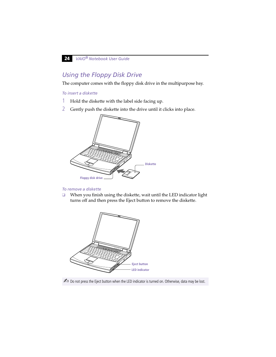 Using the floppy disk drive, To insert a diskette, To remove a diskette | Index | Sony PCG-F420 User Manual | Page 34 / 94