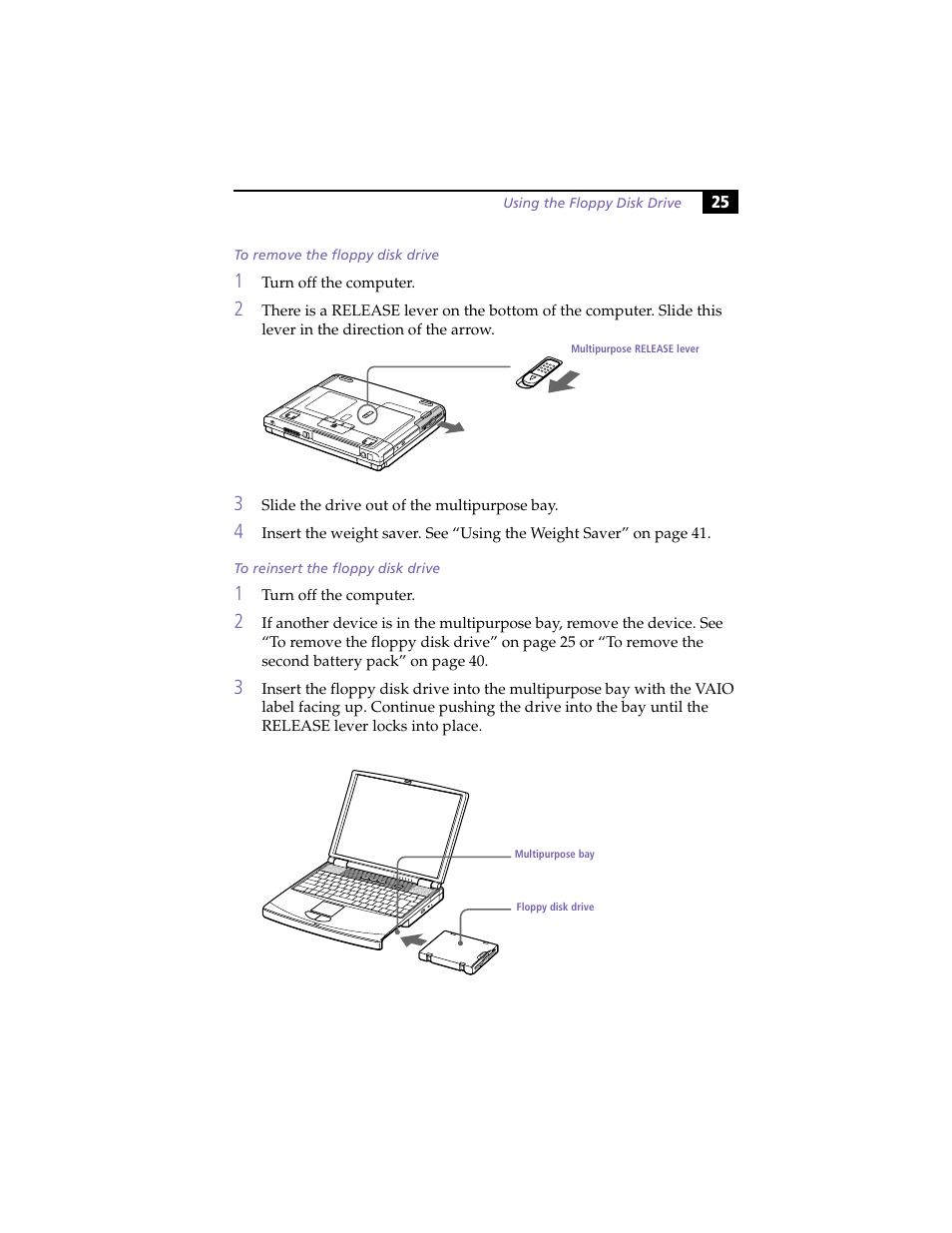 To remove the floppy disk drive, To reinsert the floppy disk drive | Sony PCG-F420 User Manual | Page 35 / 94