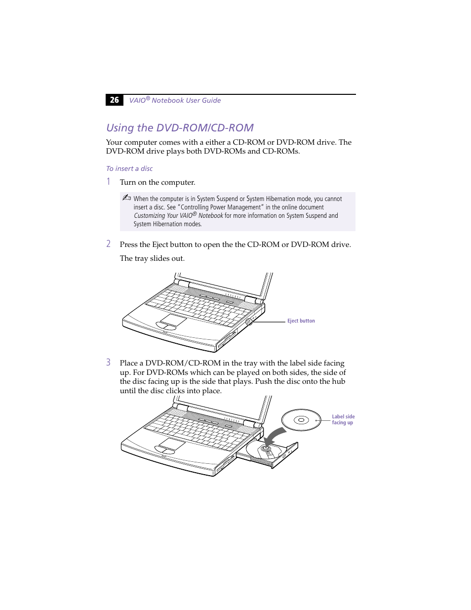 Using the dvd-rom/cd-rom, To insert a disc | Sony PCG-F420 User Manual | Page 36 / 94