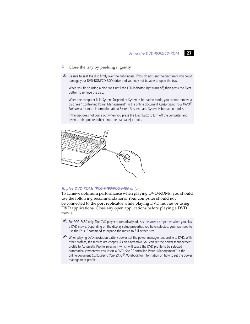 To play dvd-roms (pcg-f490/pcg-f480 only) | Sony PCG-F420 User Manual | Page 37 / 94