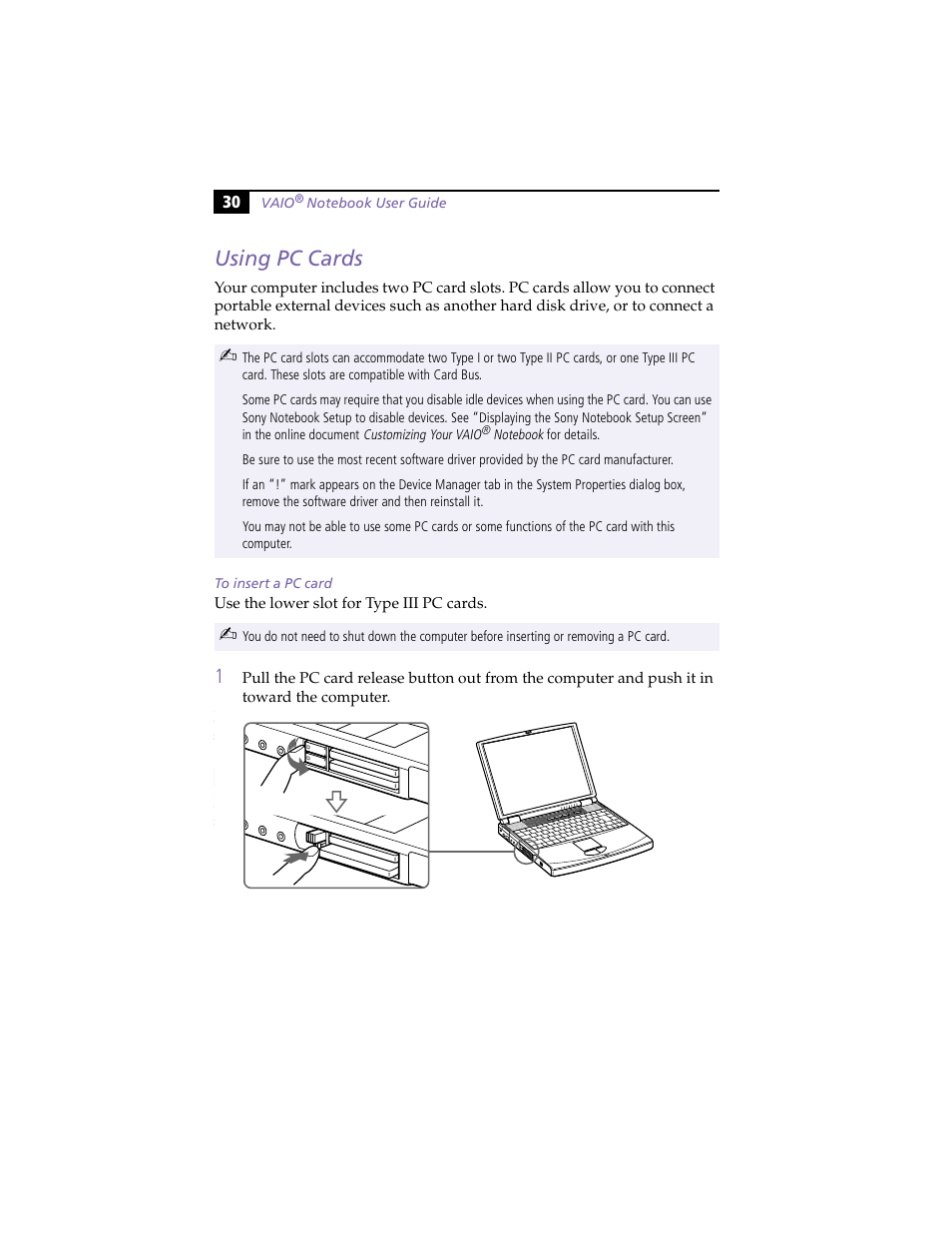 Using pc cards, To insert a pc card | Sony PCG-F420 User Manual | Page 40 / 94