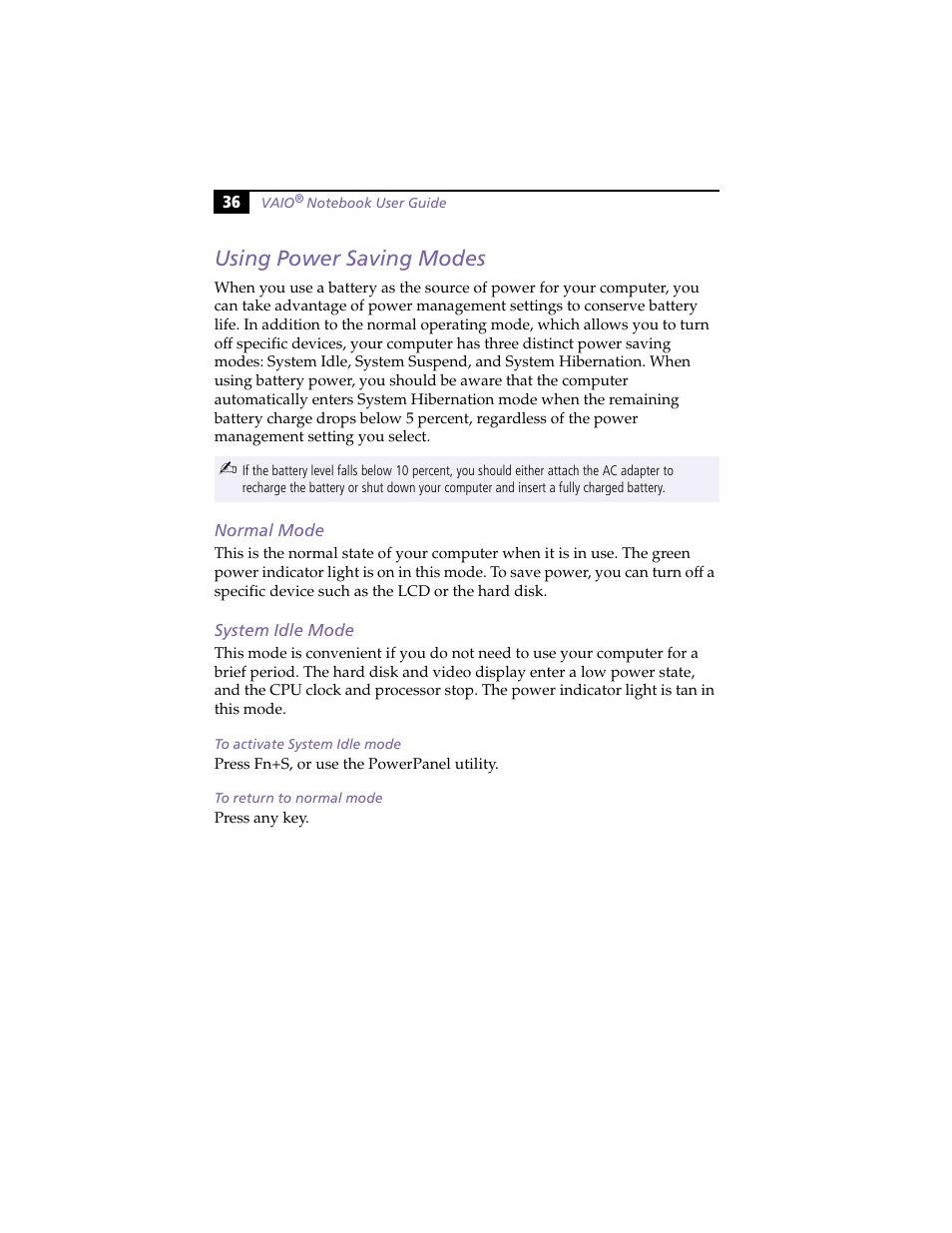 Using power saving modes, Normal mode, System idle mode | To activate system idle mode, To return to normal mode, Normal mode system idle mode | Sony PCG-F420 User Manual | Page 46 / 94