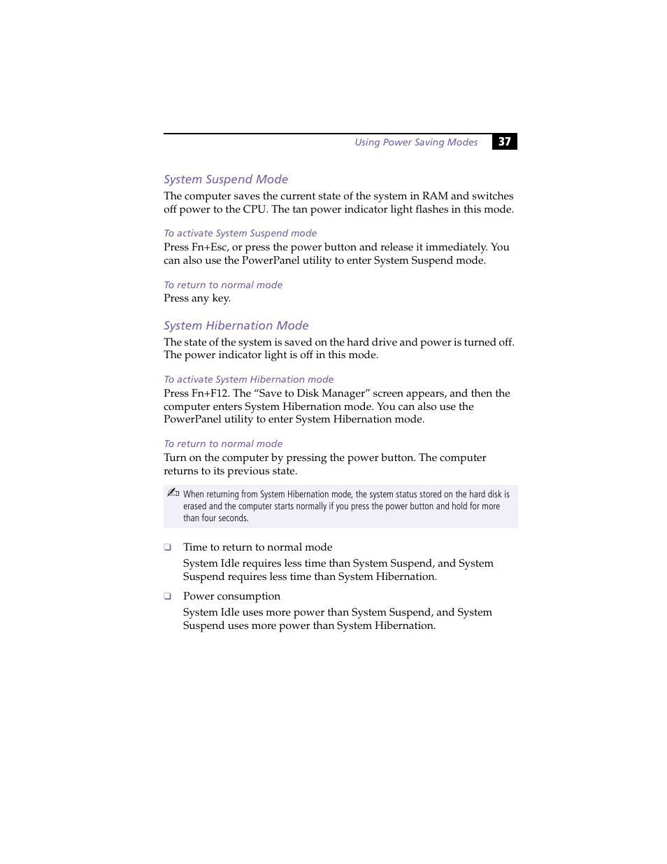 System suspend mode, To activate system suspend mode, To return to normal mode | System hibernation mode, To activate system hibernation mode, System suspend mode system hibernation mode | Sony PCG-F420 User Manual | Page 47 / 94