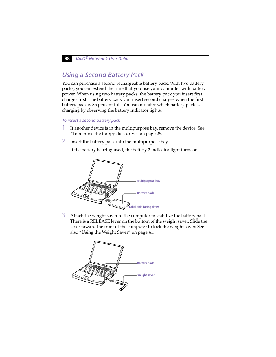 Using a second battery pack, To insert a second battery pack | Sony PCG-F420 User Manual | Page 48 / 94