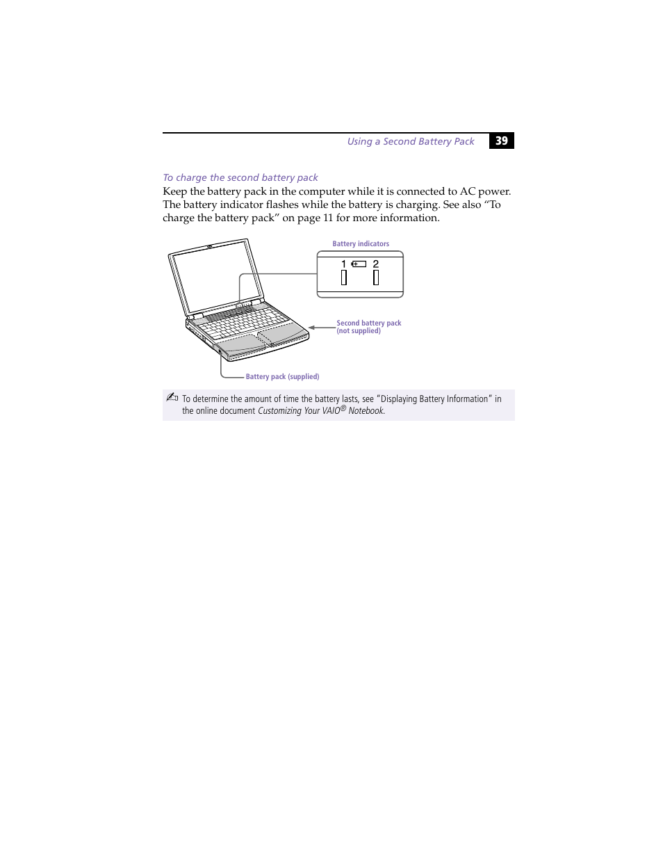 To charge the second battery pack | Sony PCG-F420 User Manual | Page 49 / 94