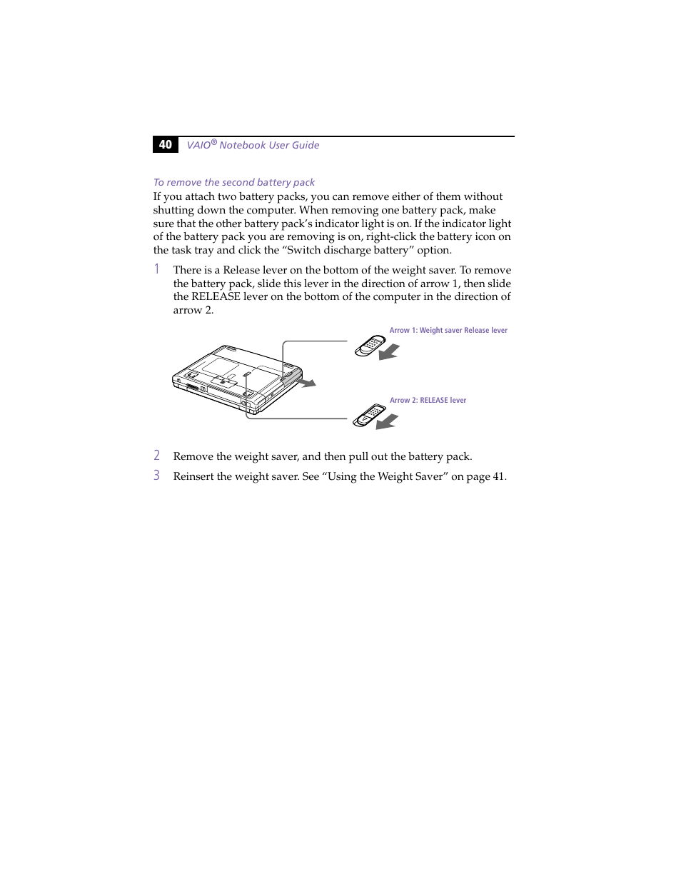 To remove the second battery pack | Sony PCG-F420 User Manual | Page 50 / 94