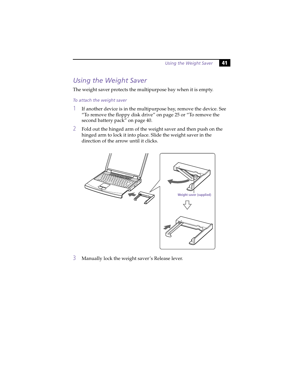 Using the weight saver, To attach the weight saver | Sony PCG-F420 User Manual | Page 51 / 94