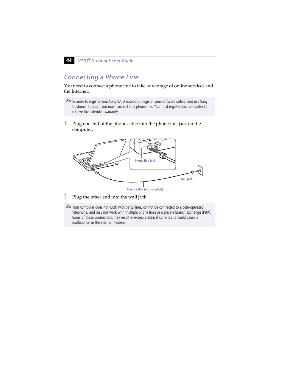 Connecting a phone line | Sony PCG-F420 User Manual | Page 54 / 94