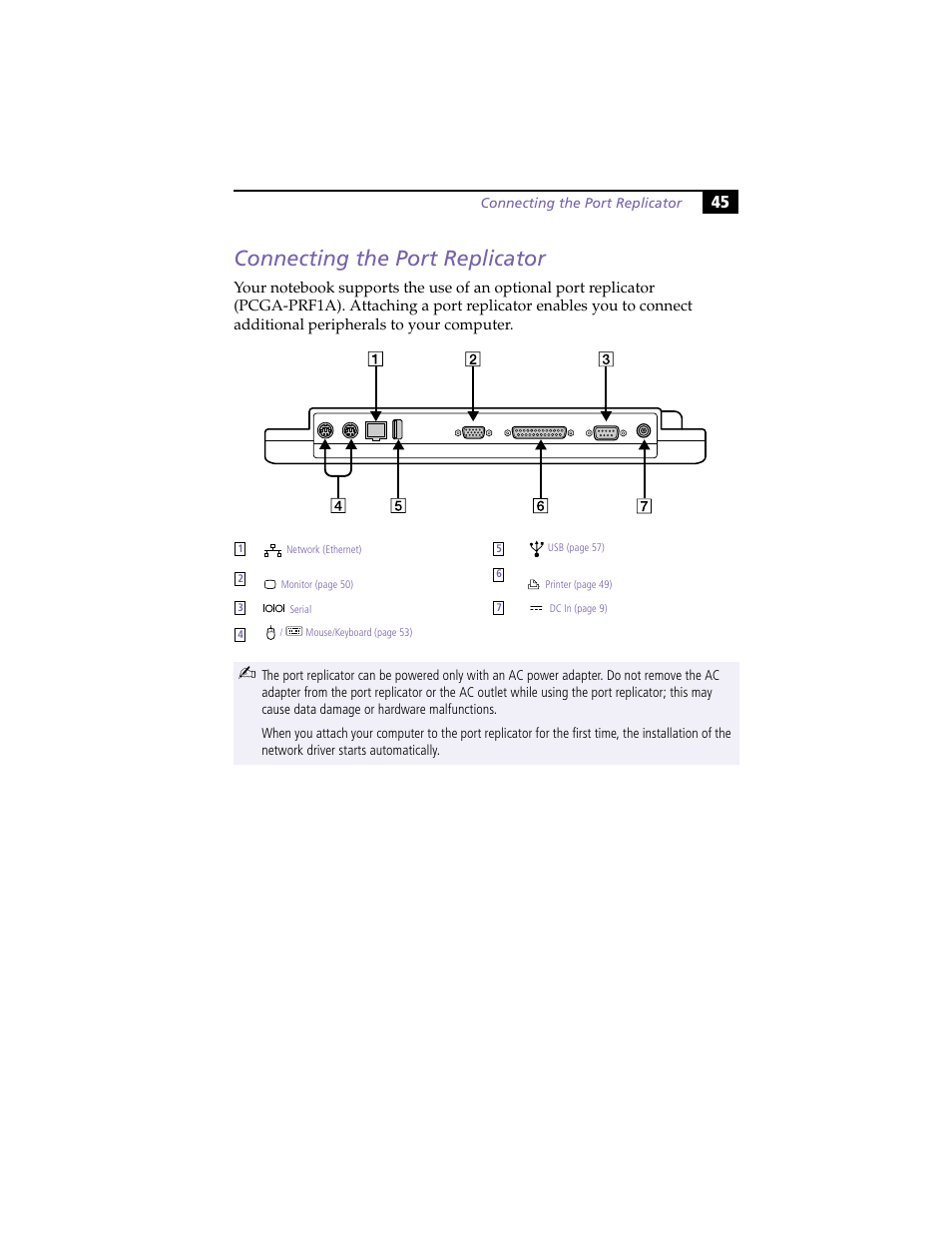 Connecting the port replicator | Sony PCG-F420 User Manual | Page 55 / 94