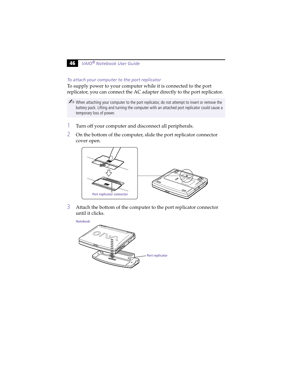 To attach your computer to the port replicator | Sony PCG-F420 User Manual | Page 56 / 94