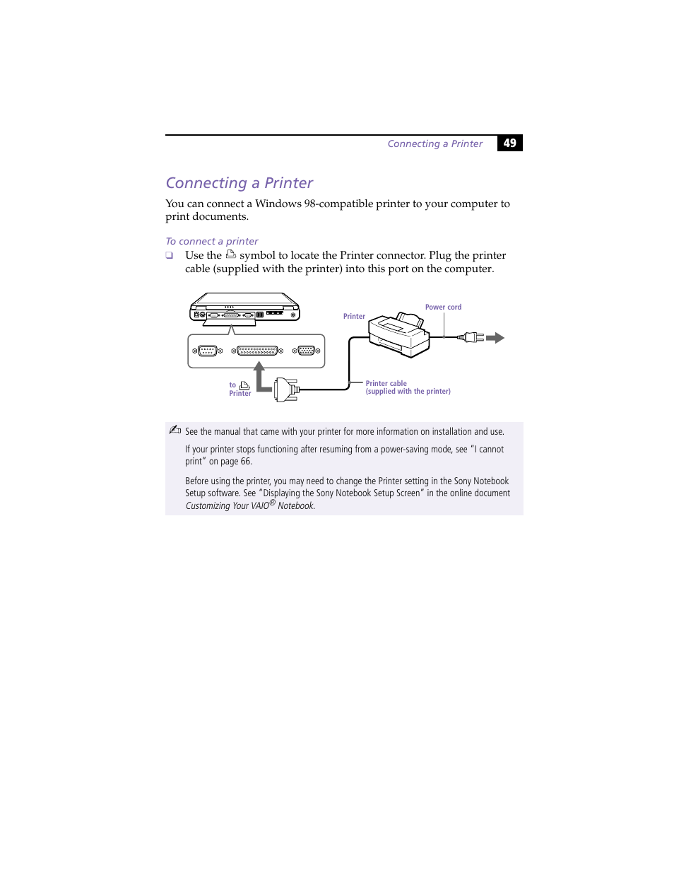 Connecting a printer, To connect a printer | Sony PCG-F420 User Manual | Page 59 / 94