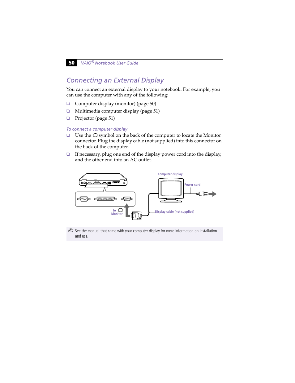 Connecting an external display, To connect a computer display | Sony PCG-F420 User Manual | Page 60 / 94