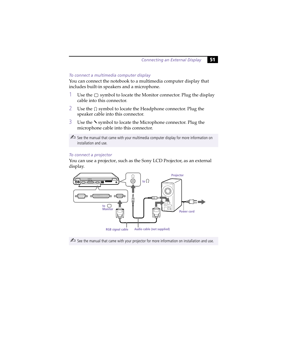 To connect a multimedia computer display, To connect a projector | Sony PCG-F420 User Manual | Page 61 / 94