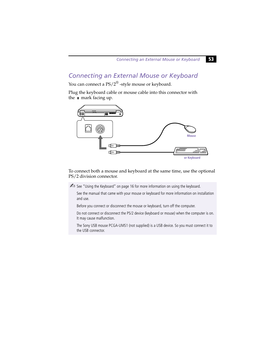 Connecting an external mouse or keyboard | Sony PCG-F420 User Manual | Page 63 / 94