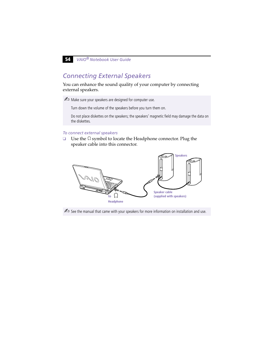 Connecting external speakers, To connect external speakers | Sony PCG-F420 User Manual | Page 64 / 94