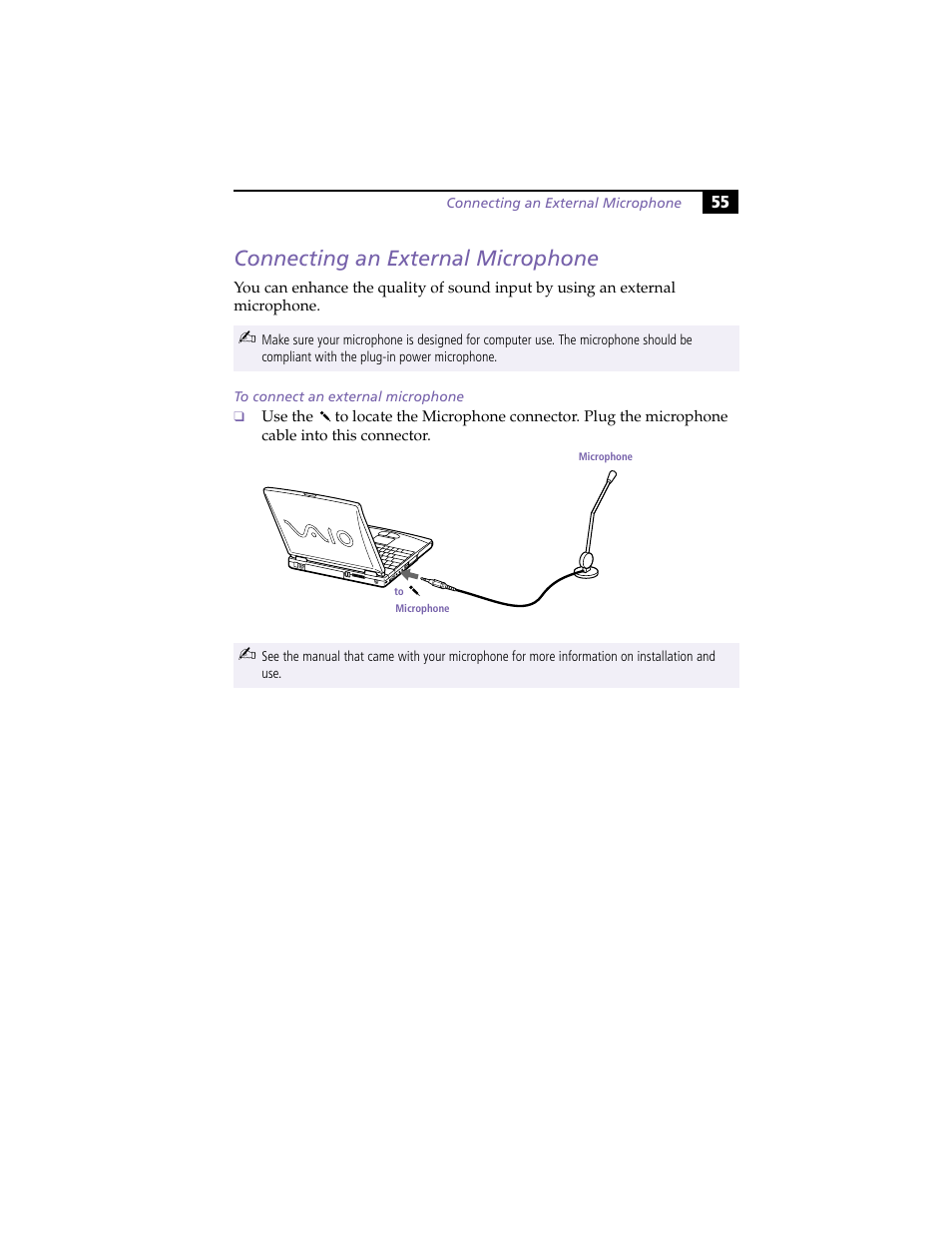 Connecting an external microphone, To connect an external microphone | Sony PCG-F420 User Manual | Page 65 / 94