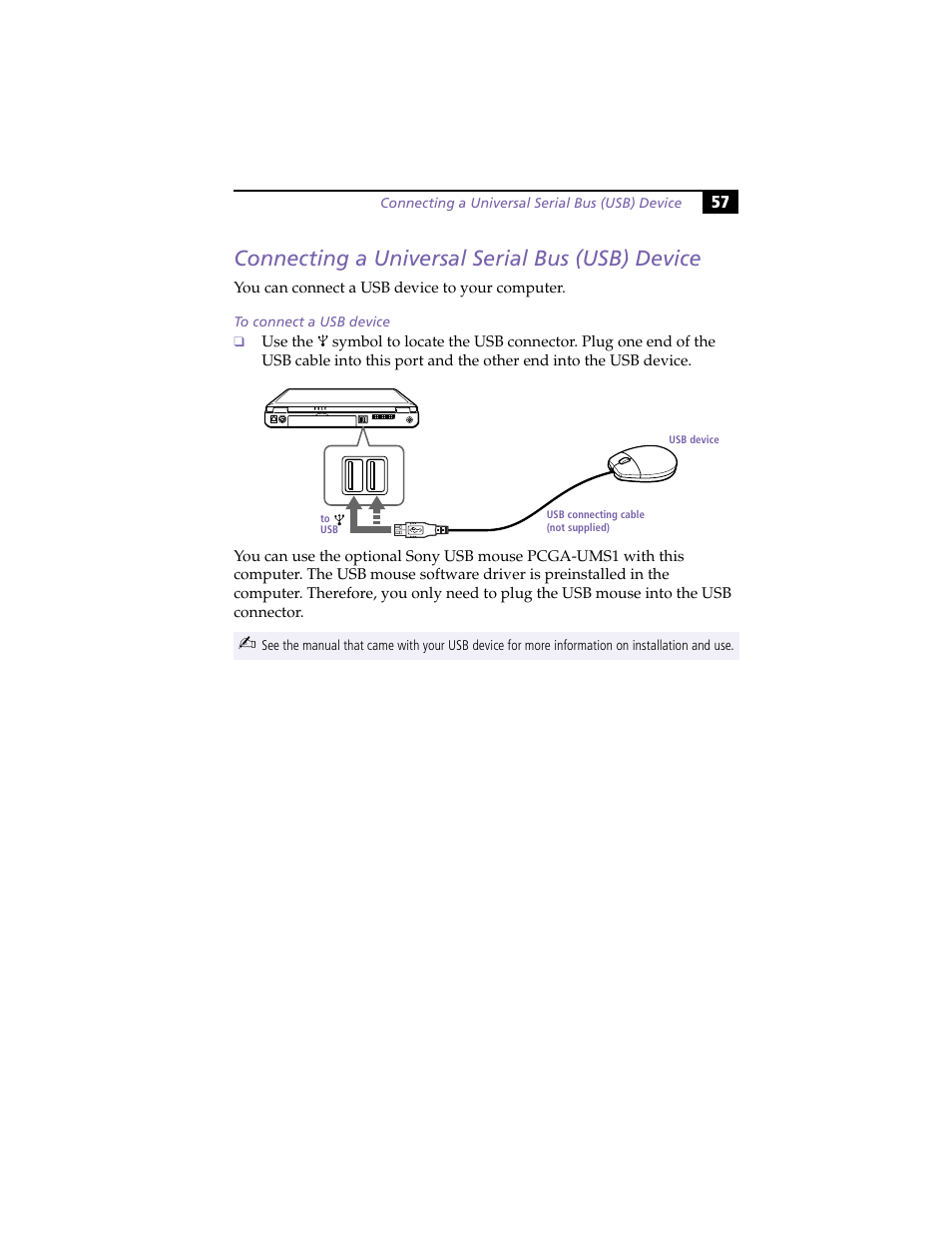 Connecting a universal serial bus (usb) device, To connect a usb device | Sony PCG-F420 User Manual | Page 67 / 94