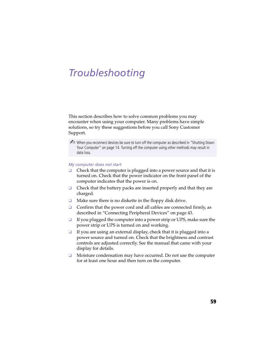 Troubleshooting, My computer does not start | Sony PCG-F420 User Manual | Page 69 / 94