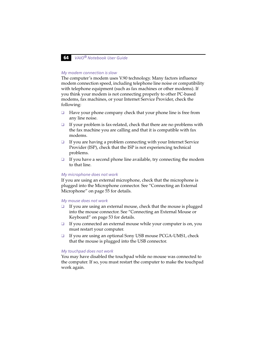 My microphone does not work, My mouse does not work, My touchpad does not work | Sony PCG-F420 User Manual | Page 74 / 94