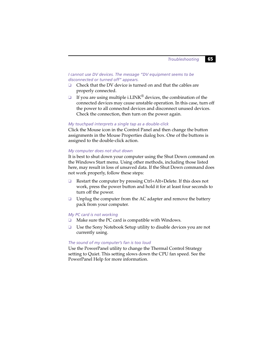 My computer does not shut down, My pc card is not working, The sound of my computer’s fan is too loud | Sony PCG-F420 User Manual | Page 75 / 94