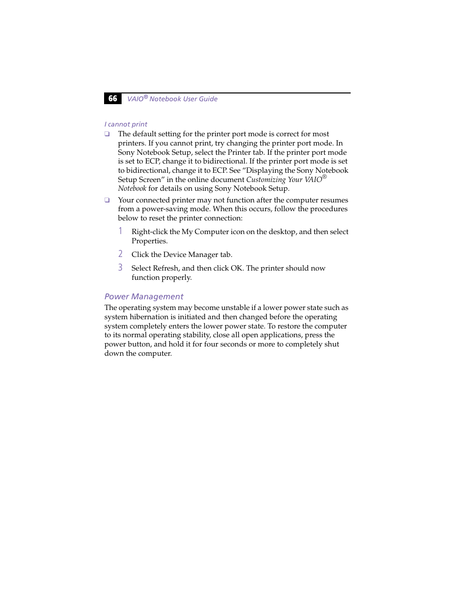 I cannot print, Power management | Sony PCG-F420 User Manual | Page 76 / 94