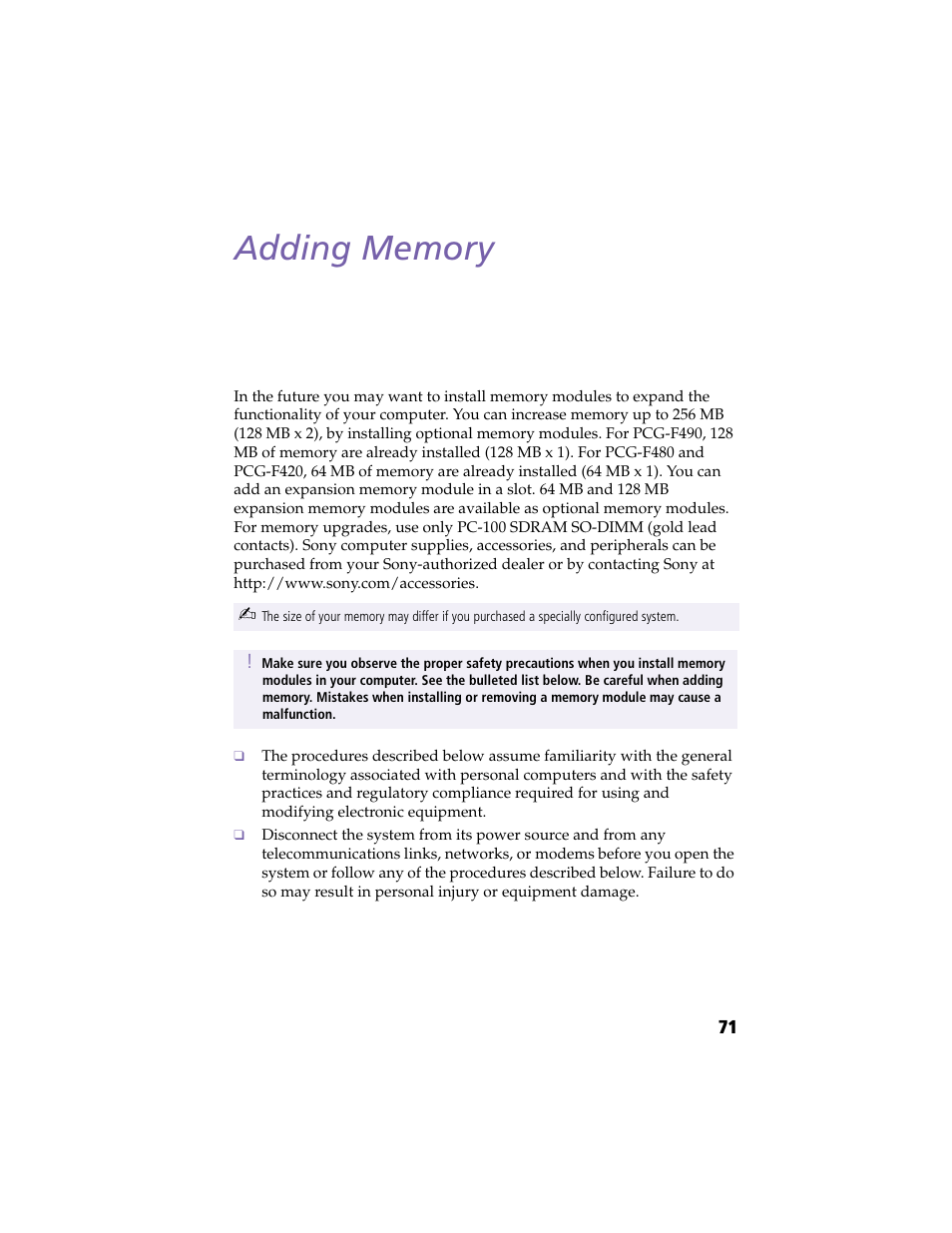 Adding memory | Sony PCG-F420 User Manual | Page 81 / 94