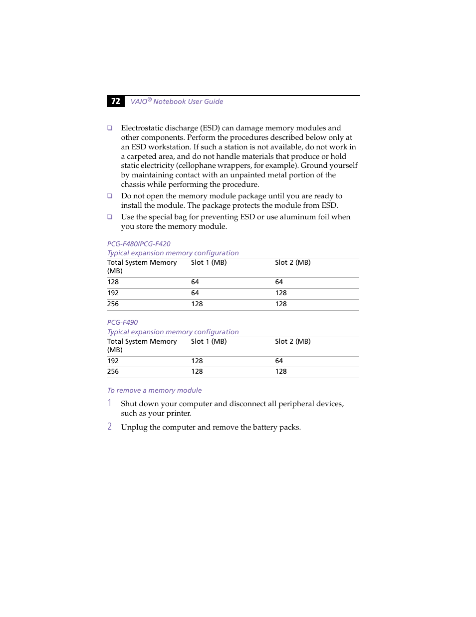 Pcg-f480/pcg-f420, Pcg-f490, To remove a memory module | Sony PCG-F420 User Manual | Page 82 / 94