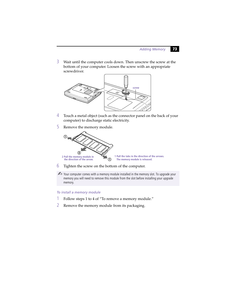 To install a memory module | Sony PCG-F420 User Manual | Page 83 / 94