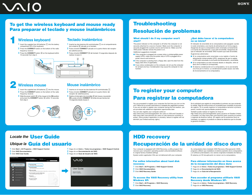 User guide, Guía del usuario, Locate the | Ubique la, Wireless keyboard, Wireless mouse, Teclado inalámbrico, Mouse inalámbrico | Sony VGC-RC210G User Manual | Page 2 / 2