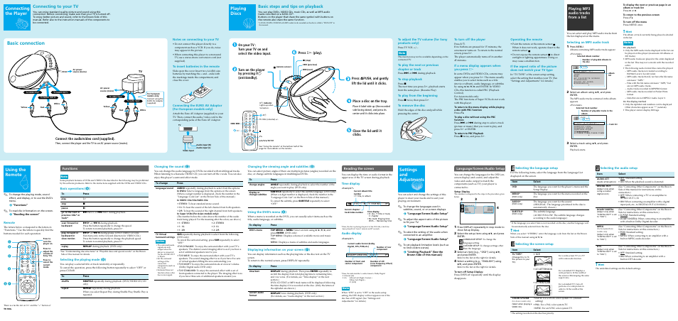 Basic connection, Connecting the player, Playing discs | Using the remote, Settings and adjustments, Connecting to your tv, Basic steps and tips on playback, Playing mp3 audio tracks from a list, Connect the audio/video cord (supplied), Press h (play) | Sony DVP-PQ1S User Manual | Page 2 / 2
