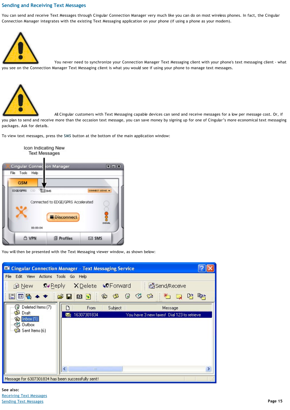 Text messaging, Sending and receiving text messages | Sony VGN-T360P User Manual | Page 15 / 43