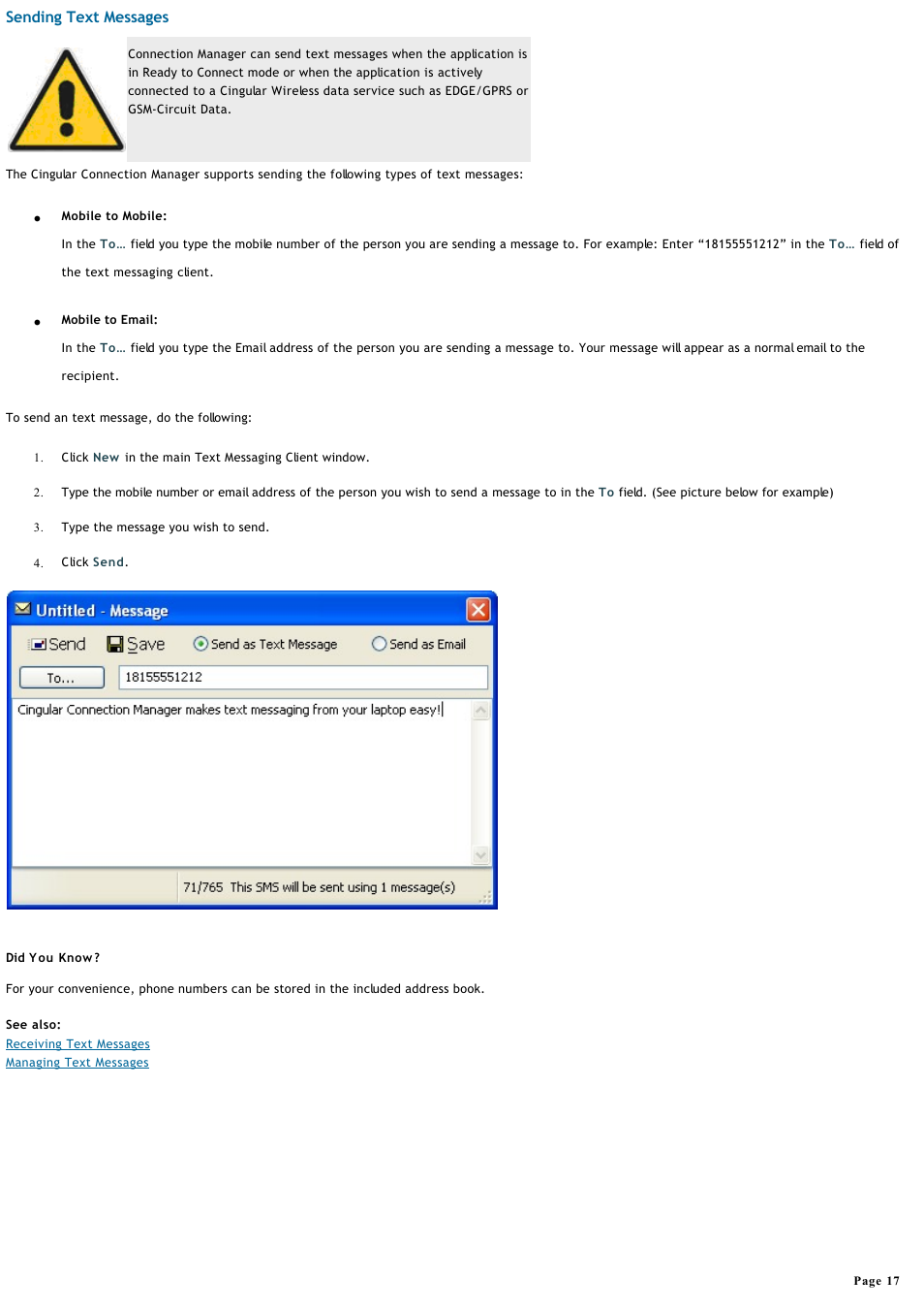 Sending text messages | Sony VGN-T360P User Manual | Page 17 / 43