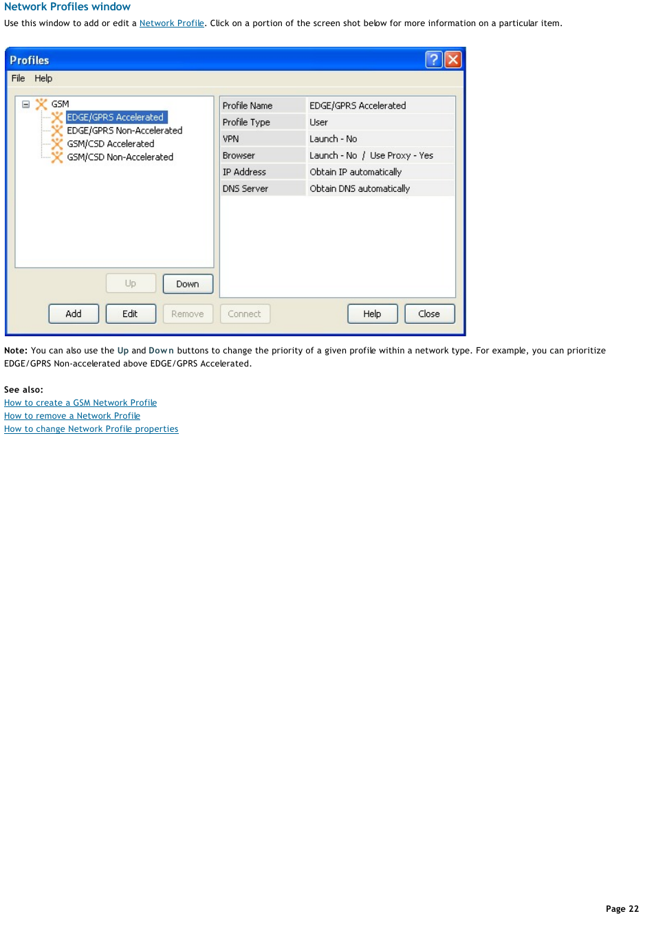 The network profiles window, Network profiles window | Sony VGN-T360P User Manual | Page 22 / 43